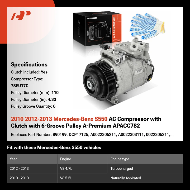 2010 2012-2013 Mercedes-Benz S550 AC Compressor with Clutch with 6-Groove Pulley A-Premium APACC782