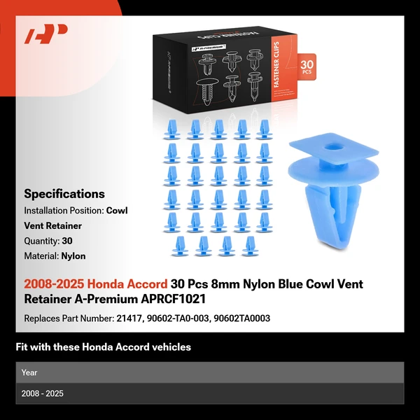 2008-2025 Honda Accord 30 Pcs 8mm Nylon Blue Cowl Vent Retainer A-Premium APRCF1021