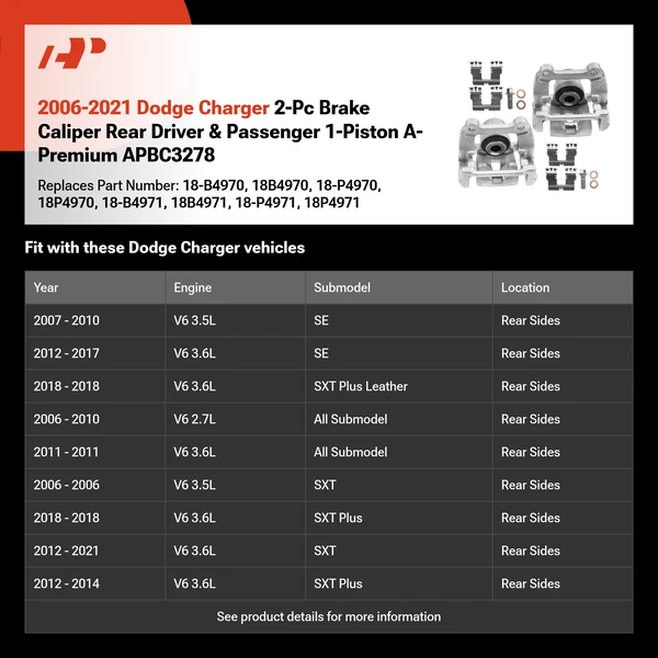 2006-2021 Dodge Charger 2-Pc Brake Caliper Rear Driver & Passenger 1-Piston A-Premium APBC3278
