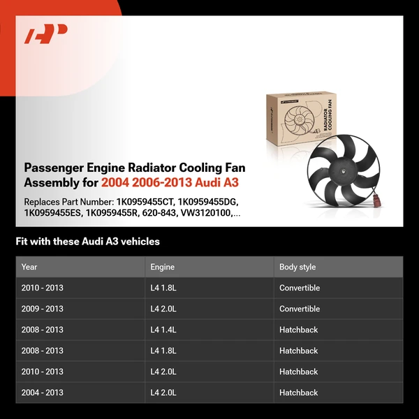 Passenger Engine Radiator Cooling Fan Assembly for 2004 2006-2013 Audi A3