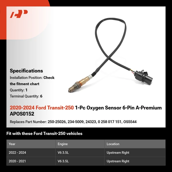 2020-2024 Ford Transit-250 1-Pc Oxygen Sensor 6-Pin A-Premium APOS0152
