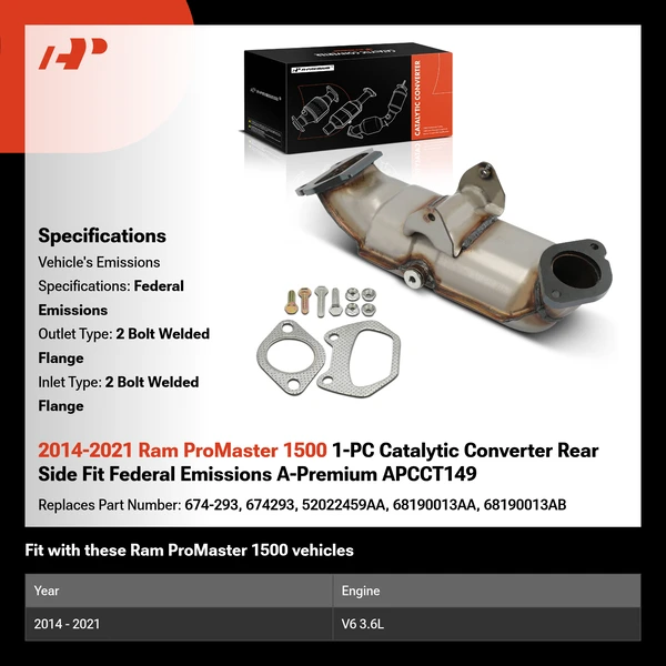 2014-2021 Ram ProMaster 1500 1-PC Catalytic Converter Rear Side Fit Federal Emissions A-Premium APCCT149