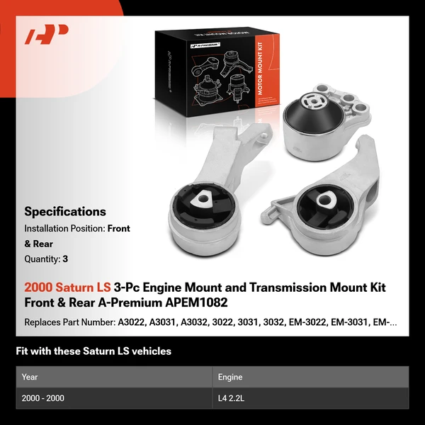 2000 Saturn LS 3-Pc Engine Mount and Transmission Mount Kit Front & Rear A-Premium APEM1082
