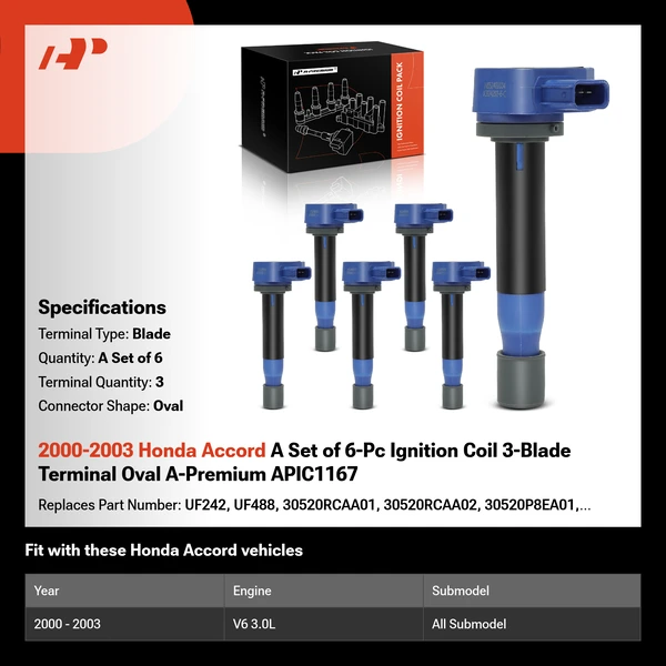 2000-2003 Honda Accord A Set of 6-Pc Ignition Coil 3-Blade Terminal Oval A-Premium APIC1167