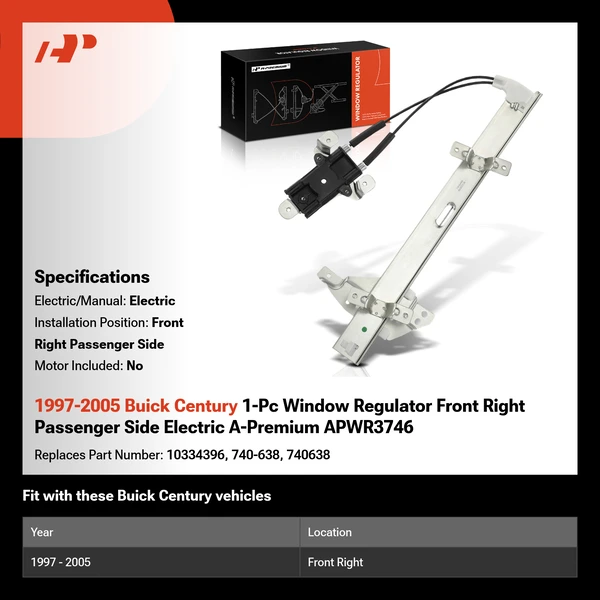 1997-2005 Buick Century 1-Pc Window Regulator Front Right Passenger Side Electric A-Premium APWR3746