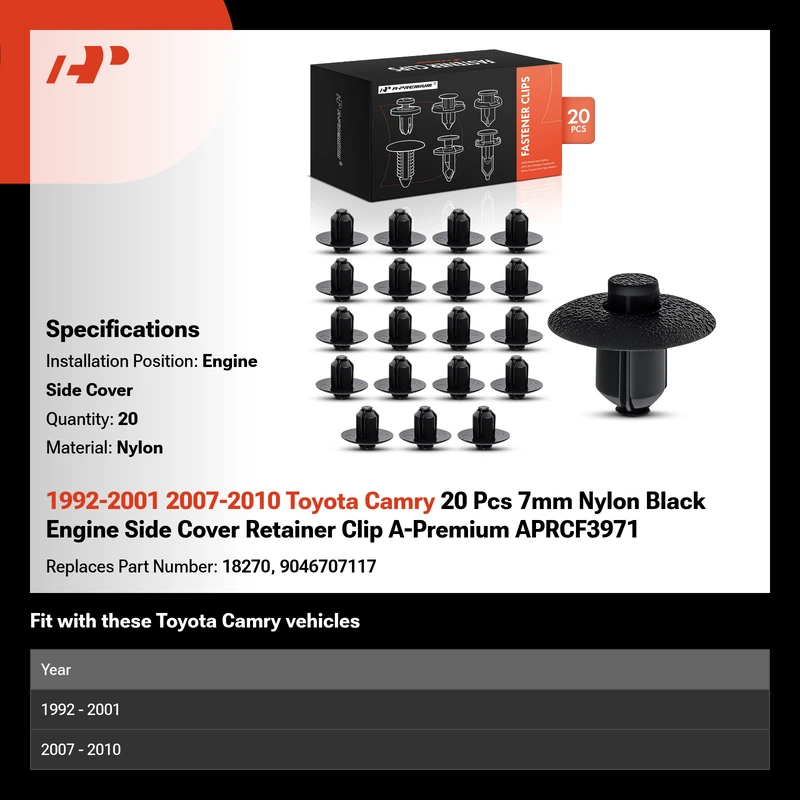 1992-2001 2007-2010 Toyota Camry 20 Pcs 7mm Nylon Black Engine Side Cover Retainer Clip A-Premium APRCF3971