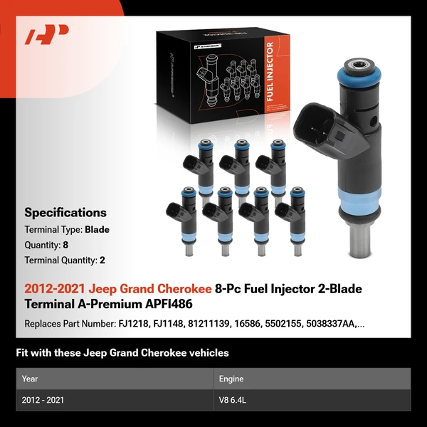 2012-2021 Jeep Grand Cherokee 8-Pc Fuel Injector 2-Blade Terminal A-Premium APFI486
