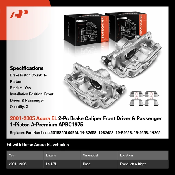 2001-2005 Acura EL 2-Pc Brake Caliper Front Driver & Passenger 1-Piston A-Premium APBC1975