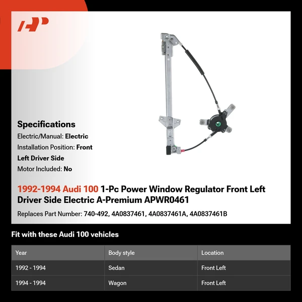 1992-1994 Audi 100 1-Pc Power Window Regulator Front Left Driver Side Electric A-Premium APWR0461