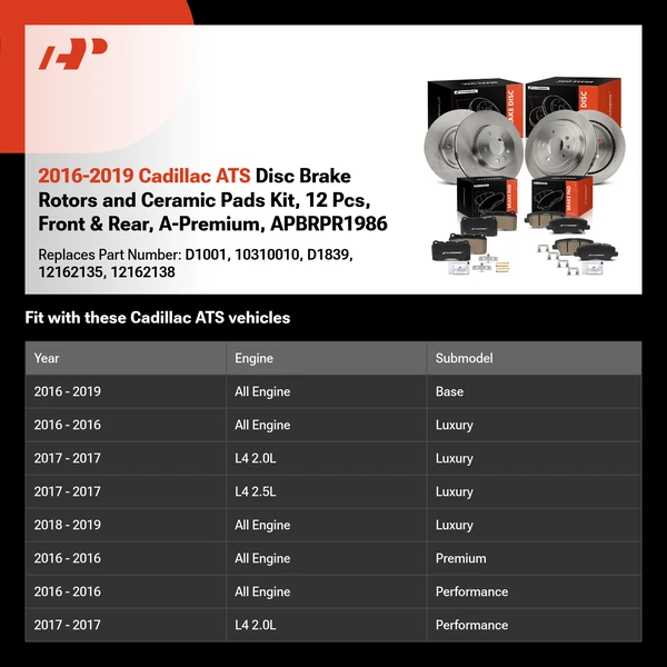 2016-2019 Cadillac ATS Disc Brake Rotors and Ceramic Pads Kit, 12 Pcs, Front & Rear, A-Premium, APBRPR1986