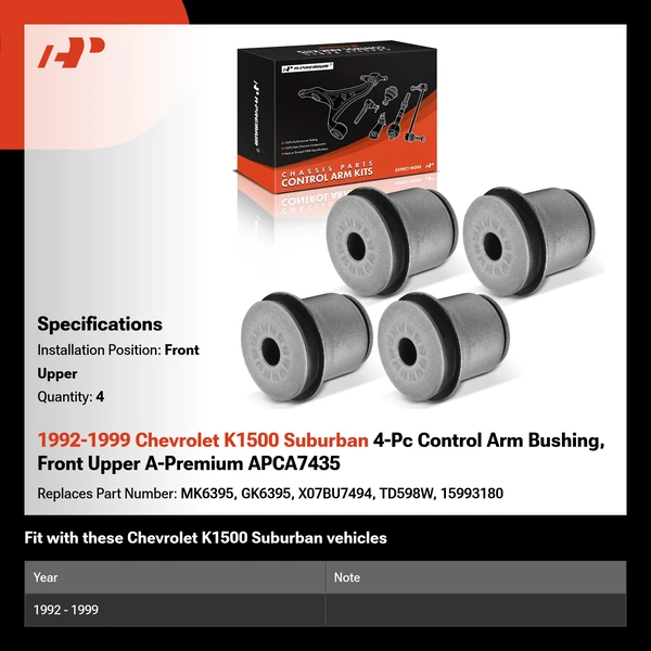 1992-1999 Chevrolet K1500 Suburban 4-Pc Control Arm Bushing, Front Upper A-Premium APCA7435