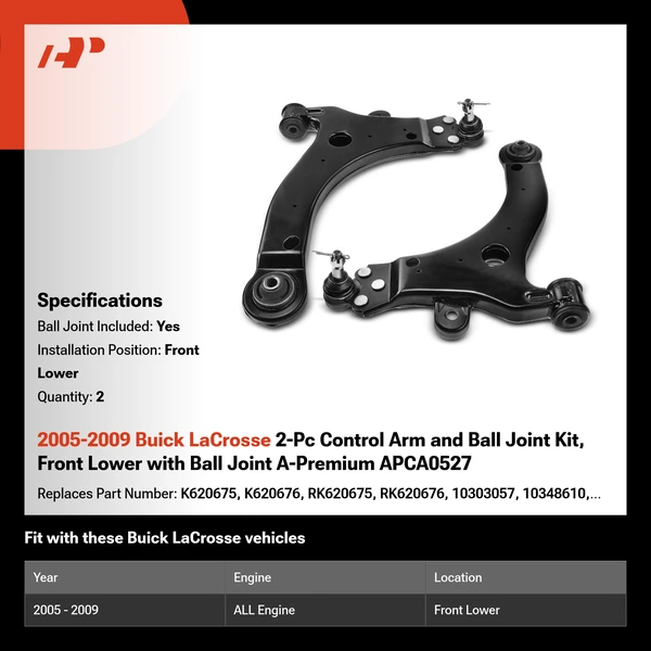 2005-2009 Buick LaCrosse 2-Pc Control Arm and Ball Joint Kit, Front Lower with Ball Joint A-Premium APCA0527