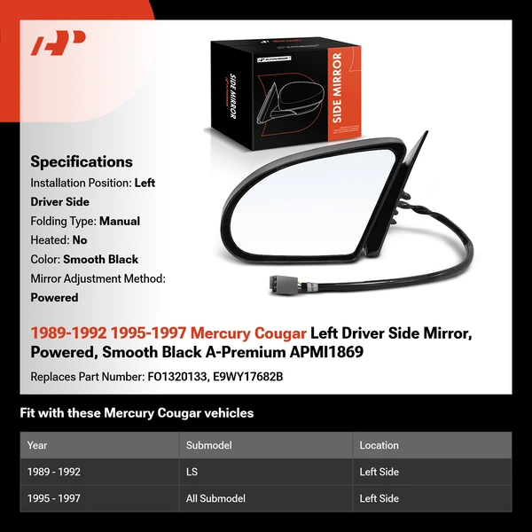 1989-1992 1995-1997 Mercury Cougar Left Driver Side Mirror, Powered, Smooth Black A-Premium APMI1869