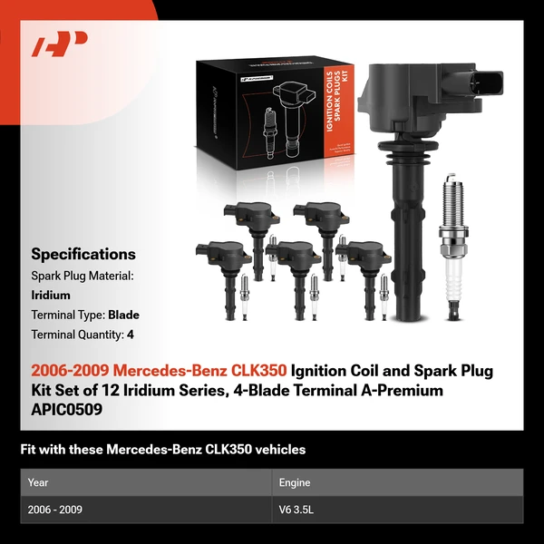 2006-2009 Mercedes-Benz CLK350 Ignition Coil and Spark Plug Kit Set of 12 Iridium Series, 4-Blade Terminal A-Premium APIC0509