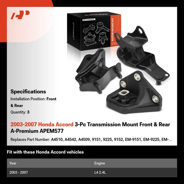 2003-2007 Honda Accord 3-Pc Transmission Mount Front & Rear A-Premium APEM577