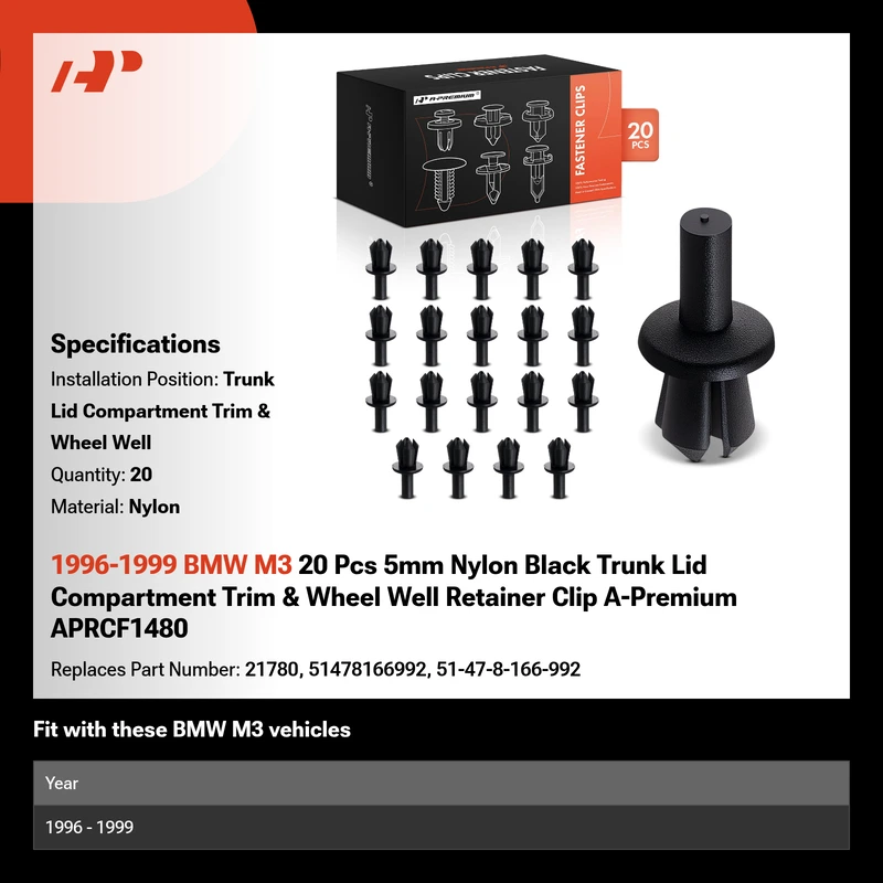1996-1999 BMW M3 20 Pcs 5mm Nylon Black Trunk Lid Compartment Trim & Wheel Well Retainer Clip A-Premium APRCF1480