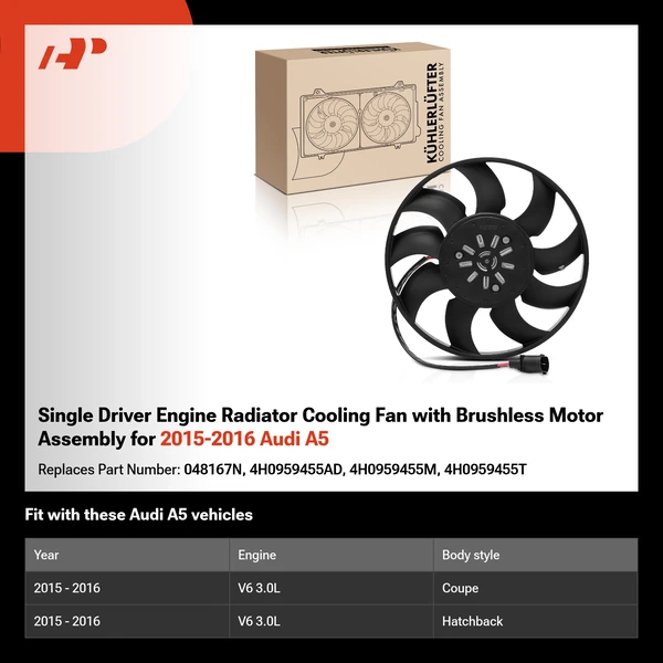 Single Driver Engine Radiator Cooling Fan with Brushless Motor Assembly for 2015-2016 Audi A5