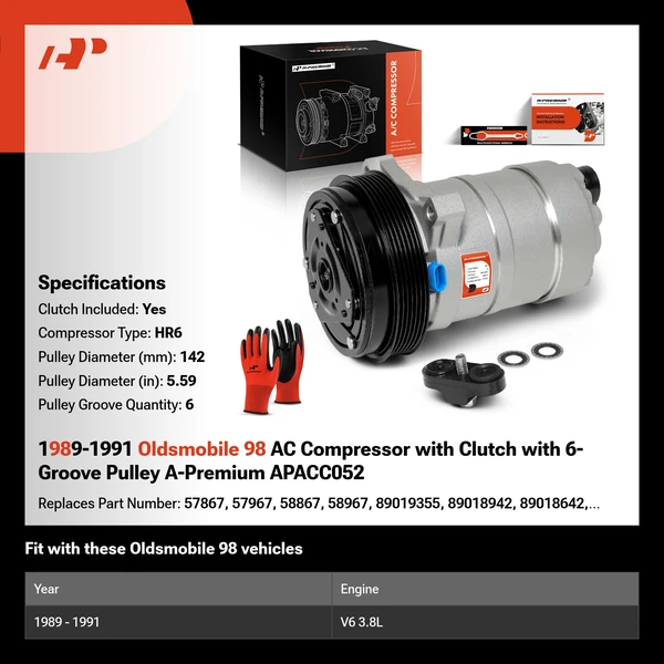 1989-1991 Oldsmobile 98 AC Compressor with Clutch with 6-Groove Pulley A-Premium APACC052