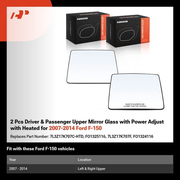 2 Pcs Driver & Passenger Upper Mirror Glass with Power Adjust with Heated for 2007-2014 Ford F-150
