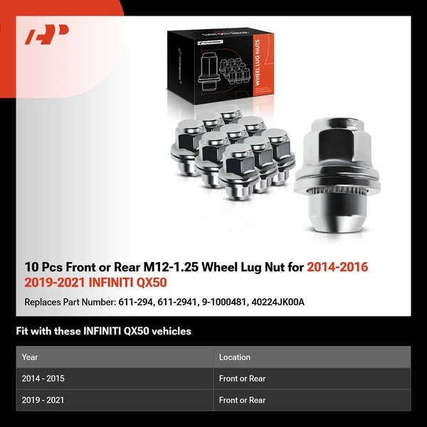 10 Pcs Front or Rear M12-1.25 Wheel Lug Nut for 2014-2016 2019-2021 INFINITI QX50