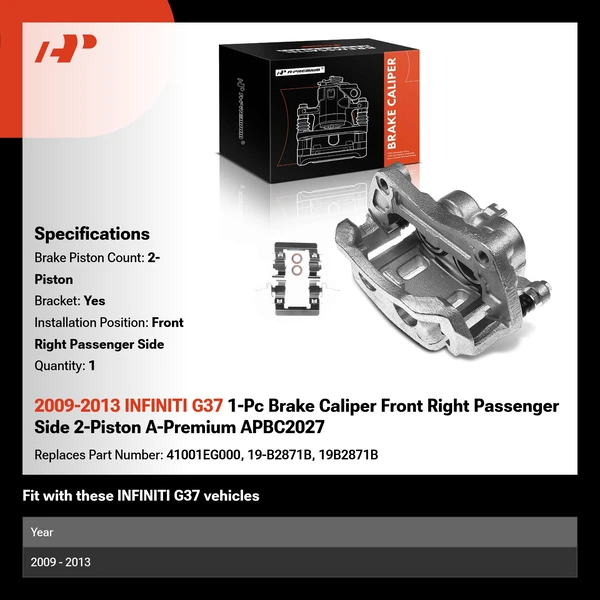 2009-2013 INFINITI G37 1-Pc Brake Caliper Front Right Passenger Side 2-Piston A-Premium APBC2027