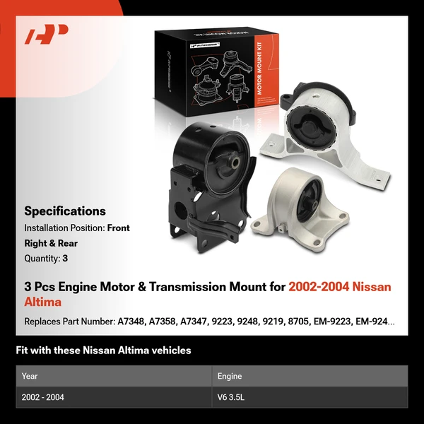 3 Pcs Engine Motor & Transmission Mount for 2002-2004 Nissan Altima