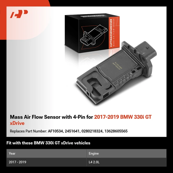 Mass Air Flow Sensor with 4-Pin for 2017-2019 BMW 330i GT xDrive