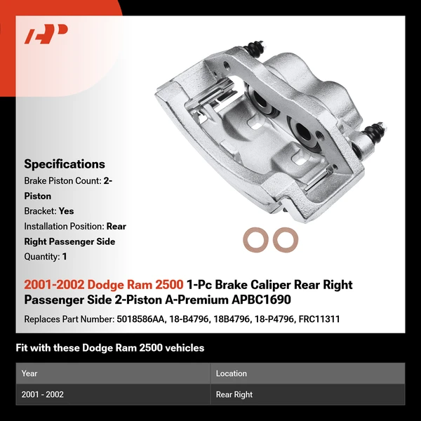 2001-2002 Dodge Ram 2500 1-Pc Brake Caliper Rear Right Passenger Side 2-Piston A-Premium APBC1690