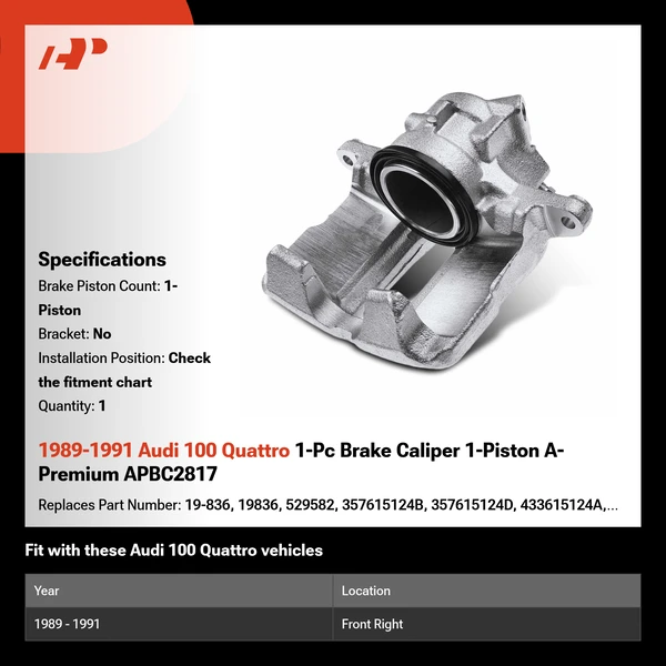 1989-1991 Audi 100 Quattro 1-Pc Brake Caliper 1-Piston A-Premium APBC2817