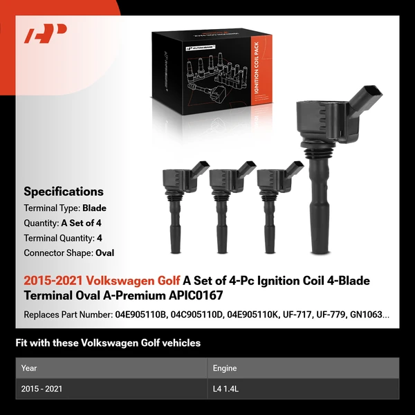 2015-2021 Volkswagen Golf A Set of 4-Pc Ignition Coil 4-Blade Terminal Oval A-Premium APIC0167