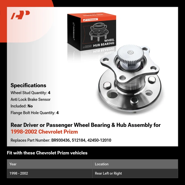 Rear Driver or Passenger Wheel Bearing & Hub Assembly for 1998-2002 Chevrolet Prizm