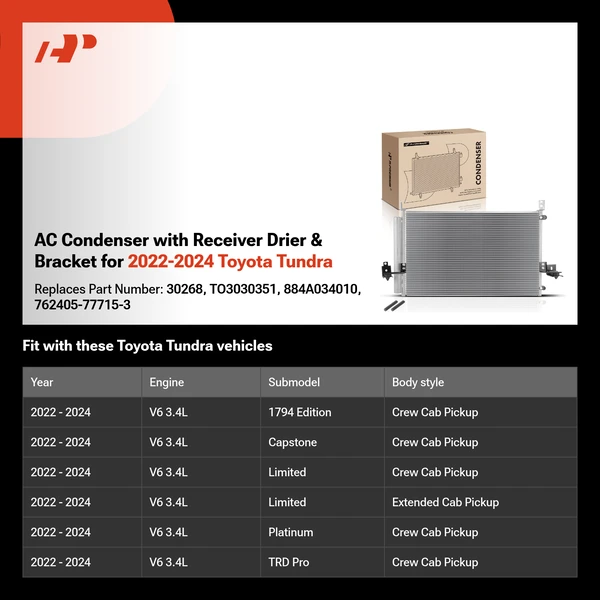 AC Condenser with Receiver Drier & Bracket for 2022-2024 Toyota Tundra