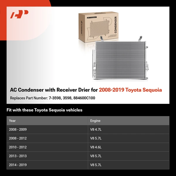 AC Condenser with Receiver Drier for 2008-2019 Toyota Sequoia
