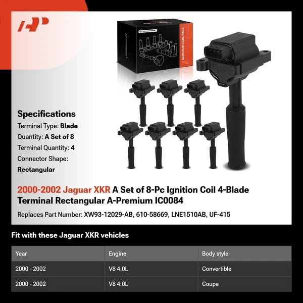 2000-2002 Jaguar XKR A Set of 8-Pc Ignition Coil 4-Blade Terminal Rectangular A-Premium IC0084