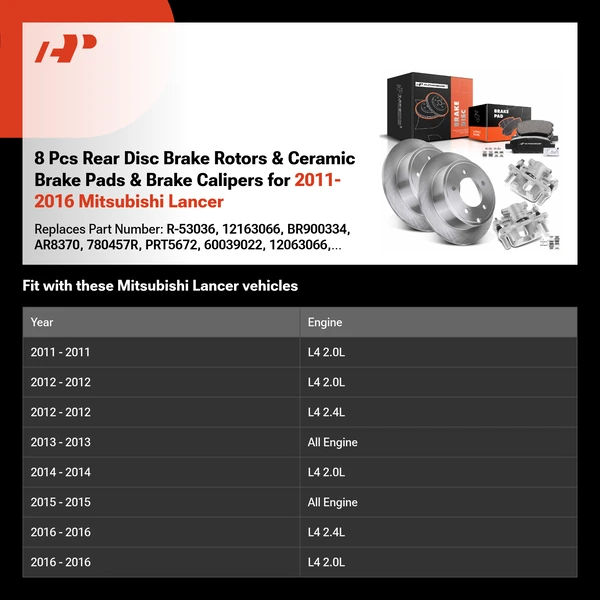 8 Pcs Rear Disc Brake Rotors & Ceramic Brake Pads & Brake Calipers for 2011-2016 Mitsubishi Lancer