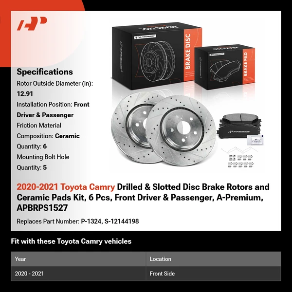 2020-2021 Toyota Camry Drilled & Slotted Disc Brake Rotors and Ceramic Pads Kit, 6 Pcs, Front Driver & Passenger, A-Premium, APBRPS1527
