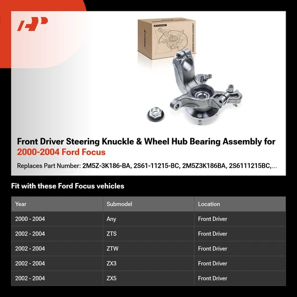 Front Driver Steering Knuckle & Wheel Hub Bearing Assembly for 2000-2004 Ford Focus
