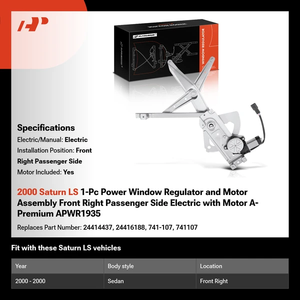 2000 Saturn LS 1-Pc Power Window Regulator and Motor Assembly Front Right Passenger Side Electric with Motor A-Premium APWR1935