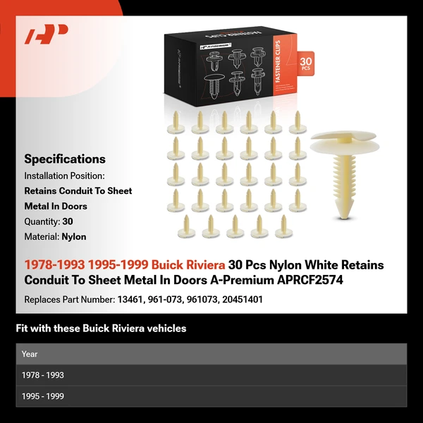 1978-1993 1995-1999 Buick Riviera 30 Pcs Nylon White Retains Conduit To Sheet Metal In Doors A-Premium APRCF2574