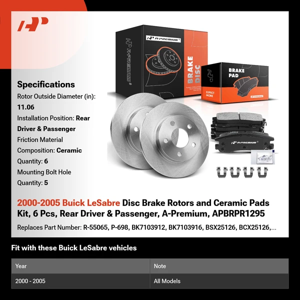 2000-2005 Buick LeSabre Disc Brake Rotors and Ceramic Pads Kit, 6 Pcs, Rear Driver & Passenger, A-Premium, APBRPR1295