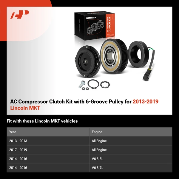 AC Compressor Clutch Kit with 6-Groove Pulley for 2013-2019 Lincoln MKT