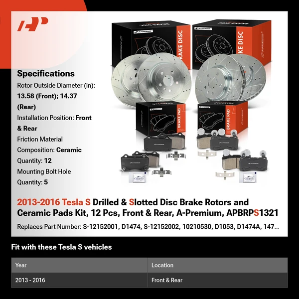 2013-2016 Tesla S Drilled & Slotted Disc Brake Rotors and Ceramic Pads Kit, 12 Pcs, Front & Rear, A-Premium, APBRPS1321