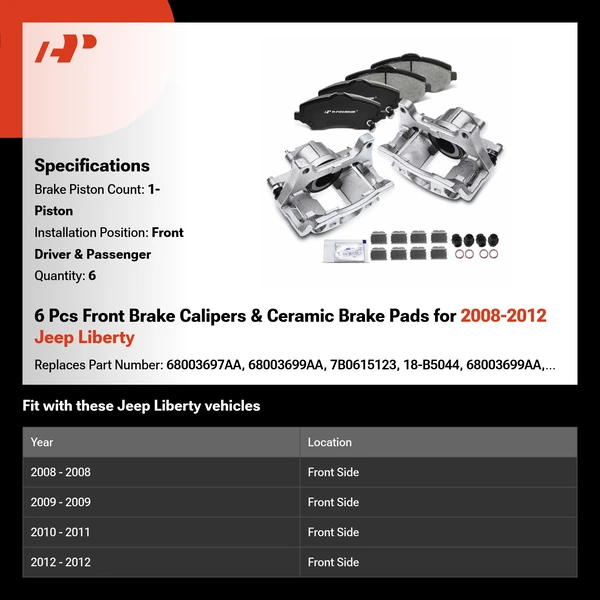 6 Pcs Front Brake Calipers & Ceramic Brake Pads for 2008-2012 Jeep Liberty