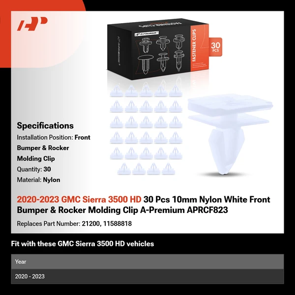 2020-2023 GMC Sierra 3500 HD 30 Pcs 10mm Nylon White Front Bumper & Rocker Molding Clip A-Premium APRCF823