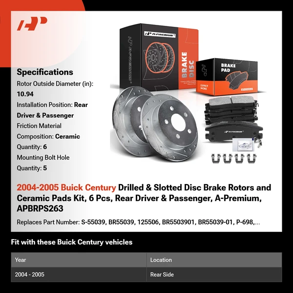 2004-2005 Buick Century Drilled & Slotted Disc Brake Rotors and Ceramic Pads Kit, 6 Pcs, Rear Driver & Passenger, A-Premium, APBRPS263