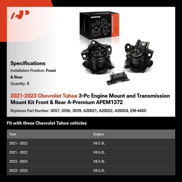 2021-2023 Chevrolet Tahoe 3-Pc Engine Mount and Transmission Mount Kit Front & Rear A-Premium APEM1372