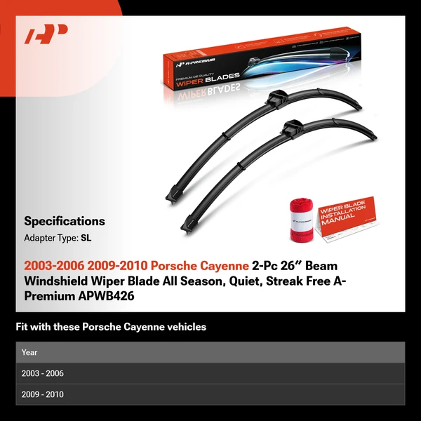 2003-2006 2009-2010 Porsche Cayenne 2-Pc 26″ Beam Windshield Wiper Blade All Season, Quiet, Streak Free A-Premium APWB426