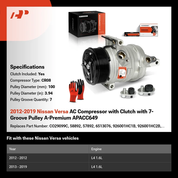 2012-2019 Nissan Versa AC Compressor with Clutch with 7-Groove Pulley A-Premium APACC649