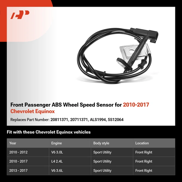 Front Passenger ABS Wheel Speed Sensor for 2010-2017 Chevrolet Equinox