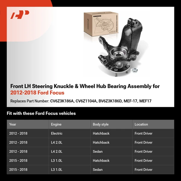 Front LH Steering Knuckle & Wheel Hub Bearing Assembly for 2012-2018 Ford Focus